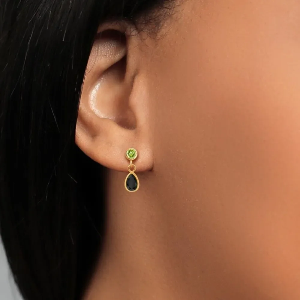 14K Yellow Gold with 1.00 Cttw Black Onyx and Peridot Post Back Drop Earrings